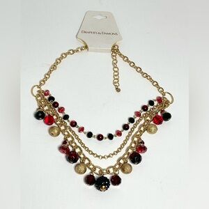 Draper’s & Damon’s 3 Tier Necklace Ruby Gold Plum Various Beads Gold Chain NWT
